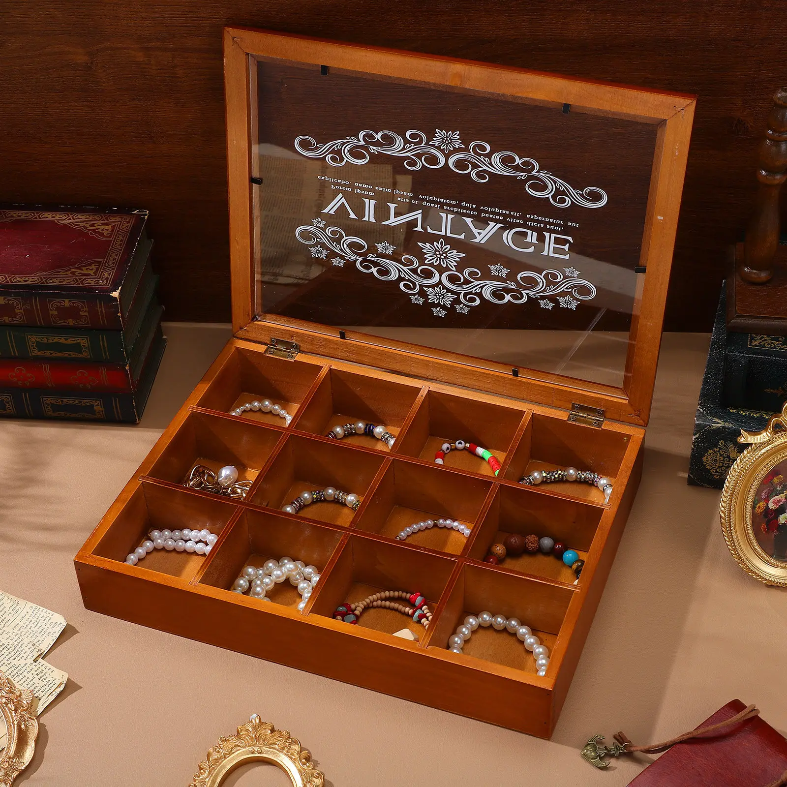 

Wooden Jewelry Box Retro Chic Design Storage Organizer for Earrings Necklaces Bracelets Rings Trinkets Desktop Vanity Decorative