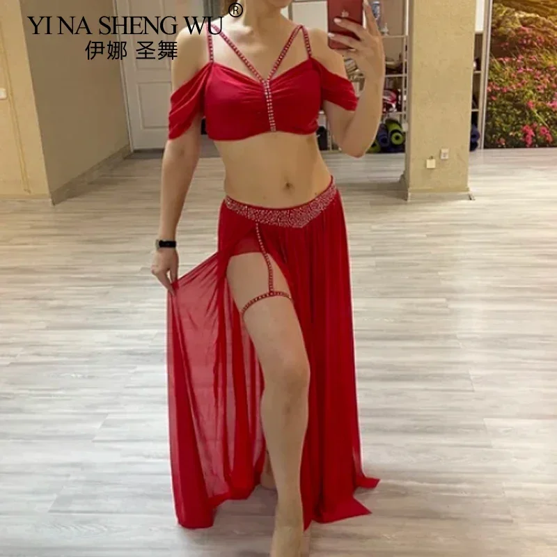 

Women's Belly Dance 2 Piece Costume Oriental Performance Practice Outfit Sexy Sheer Mesh Short Sleeve Top Split Flowy Long Skirt