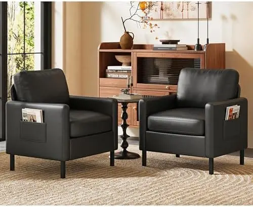Mid Century Black Leather Mordern Accent Chairs Set of 2 for Living Room | Cloud Small Sofa With 2 Side Pockets Thick