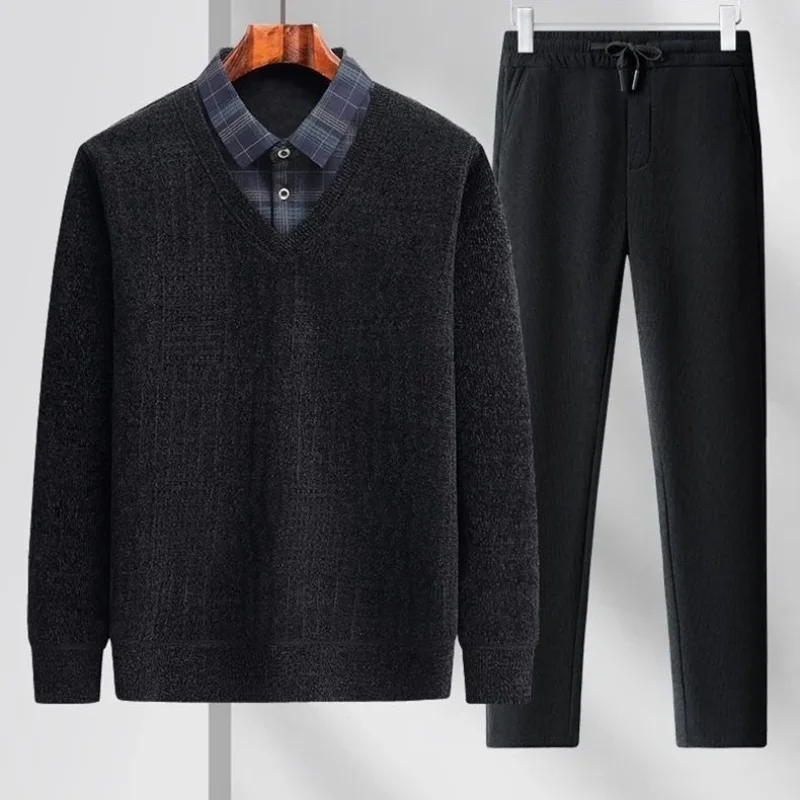 Men Fake Two Piece Plaid Collar Knit Sweater And Elastic Waist Casual Pants Warm Fleece Lined Set For Middle Aged view 5