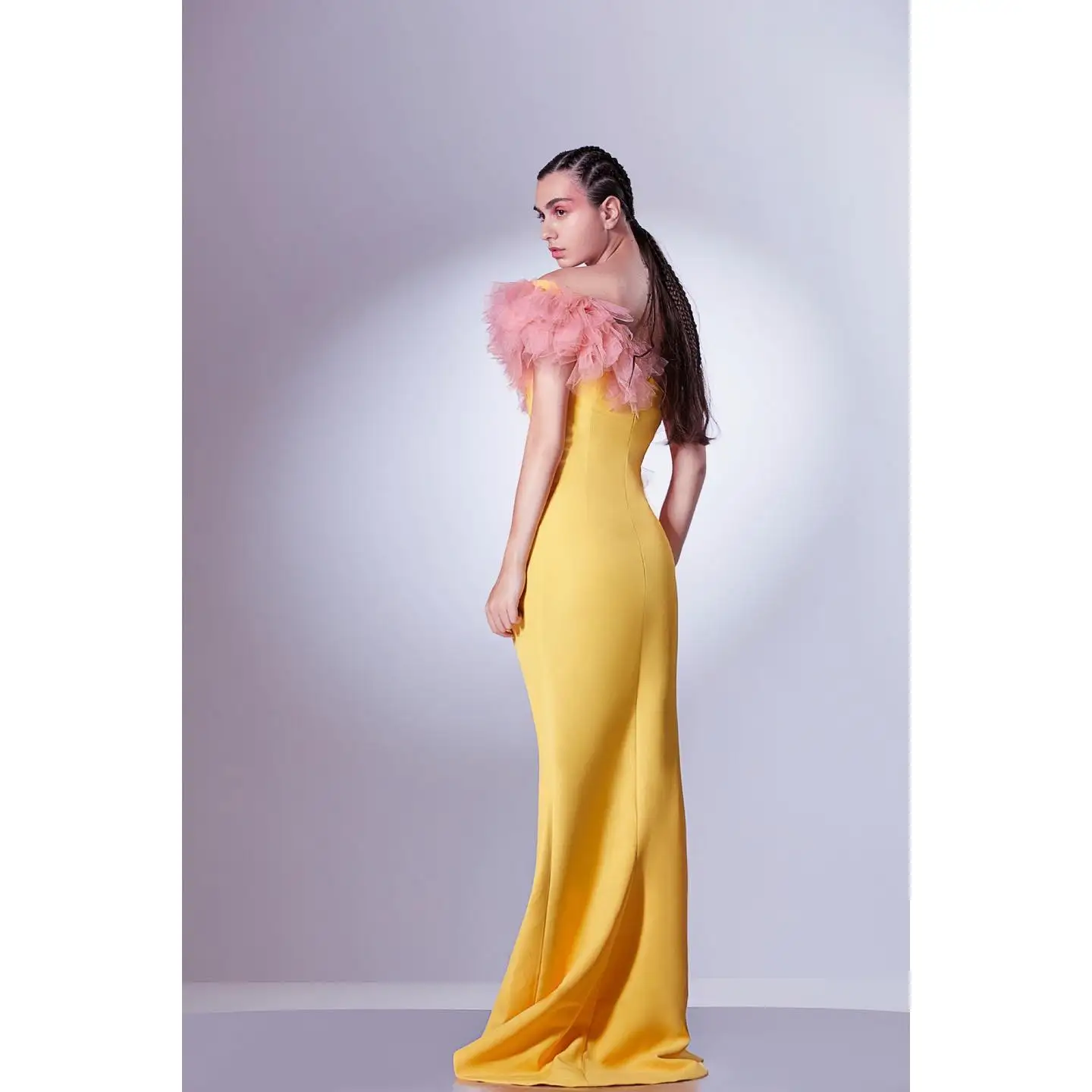 Customized Sexy Jersey Mermaid One Shoulder Tiered Ruffles Evening Dress Delicate Short Sleeves Floor Length Celebrity Gowns