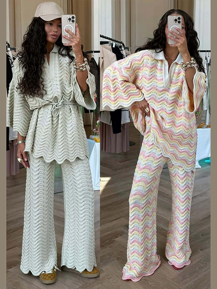 

Vintage Stripe Knitted Baggy Pants Set Women Half Sleeve Lapel Tops Straight Trousers 2025 Summer Solid Lady Loose Suit