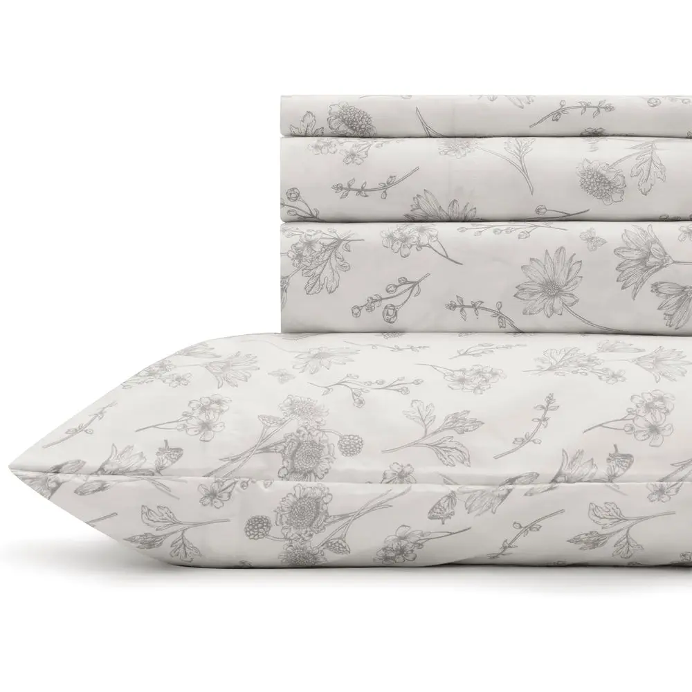 

100% Cotton California King Sheets Set - 1 Fitted, 1 Flat, 2 Pillowcases, Grey Botanical Print