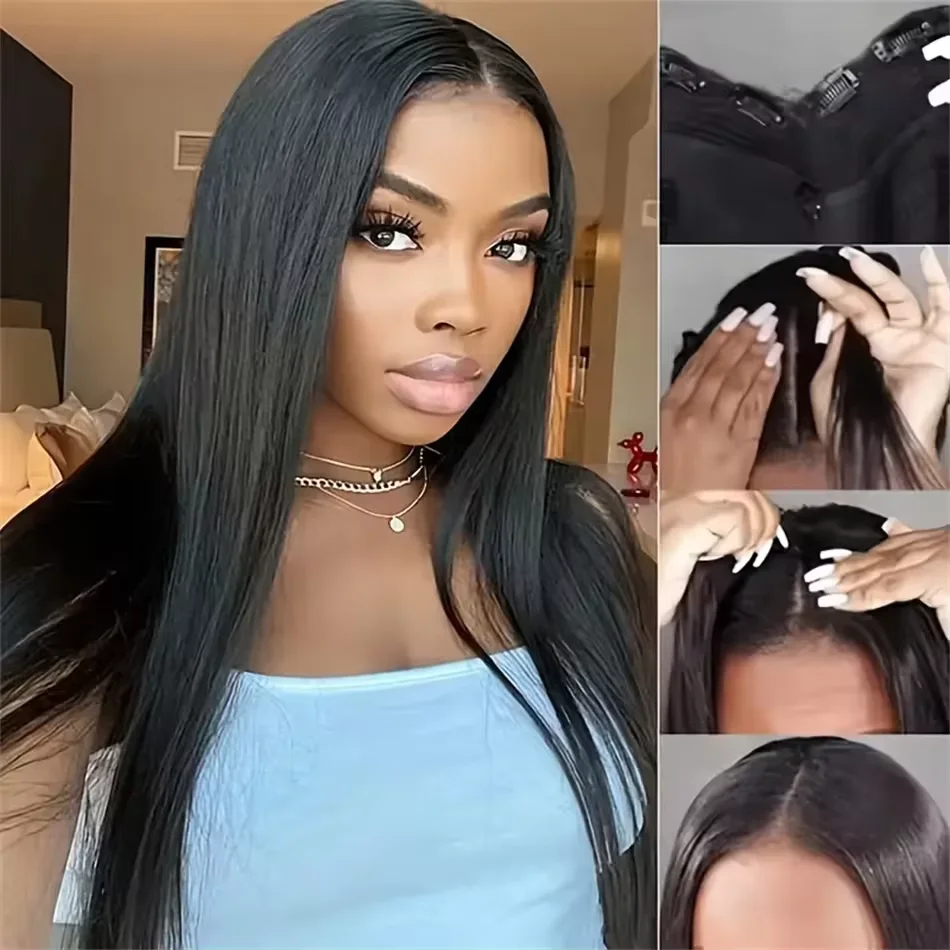 Natural Color Bone Straight Human Hair V Part Human Hair Wig No Leave Out No Sew In 200% Density Minimal Shed Heat Resistant Machine Made Beginner Friendly For Women 32 Inch