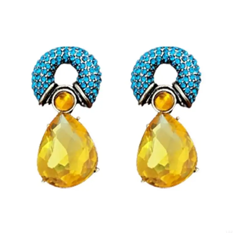 U4LF Chic Rhinestones Embellished Teardrop And Circle Metal Studs Earrings Accessory Perfect For Enhancing Any Outfit