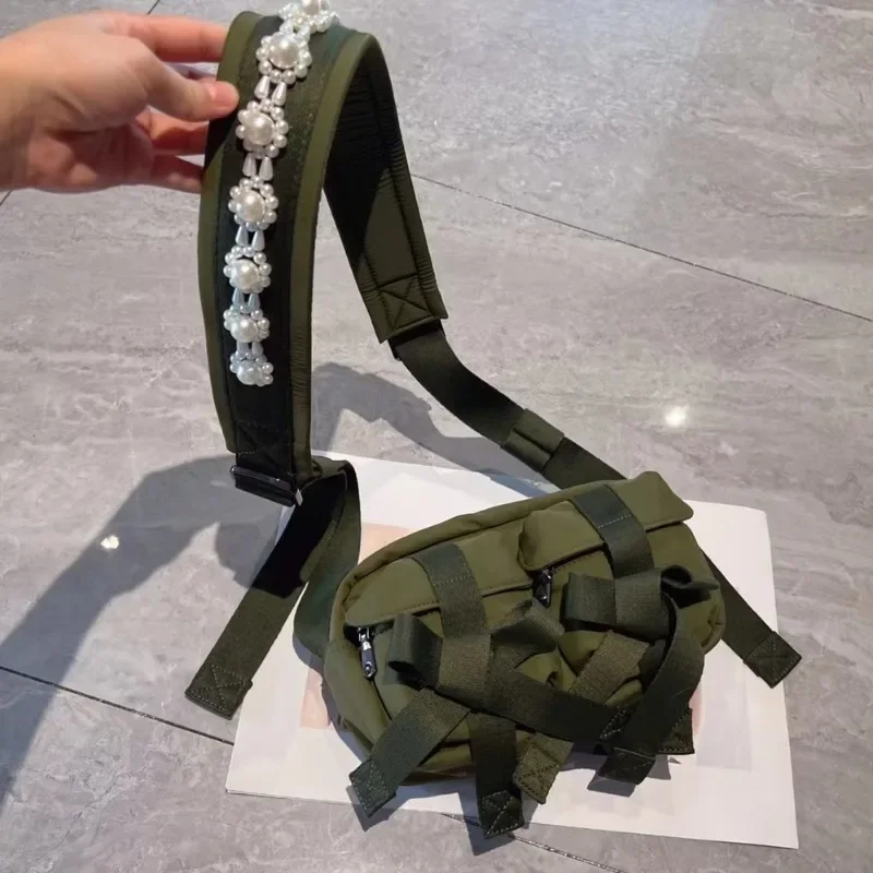 Stylish Multi-pocket One-shoulder Oblique Straddle Bag Cute Cloth Bag with Small Pearl Satin Bow Jewelry  Casual Versatile Bag