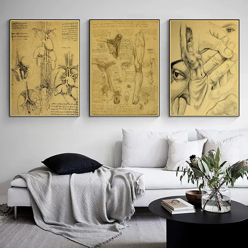 Leonardo Da Vinci Manuscript Vitruvian Man Retro Posters Canvas Painting HD Print Abstract Wall Art For Home Kids Room Bar Decor