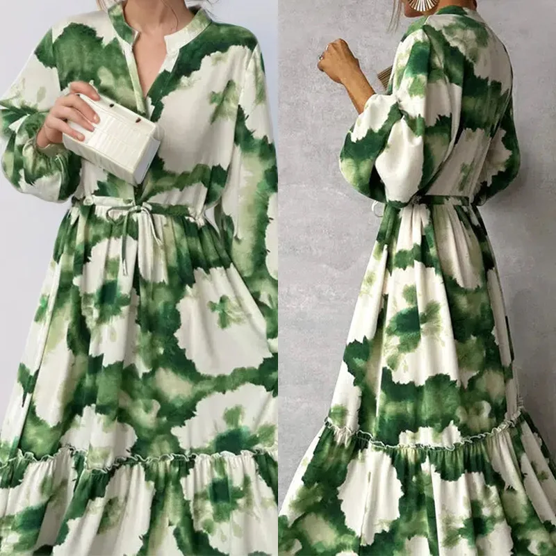 Lemongor feminino elegante verde impresso maxi vestidos mangas puff com decote em v gravata cintura em camadas bainha solta vestido longo de noite 2026 novo