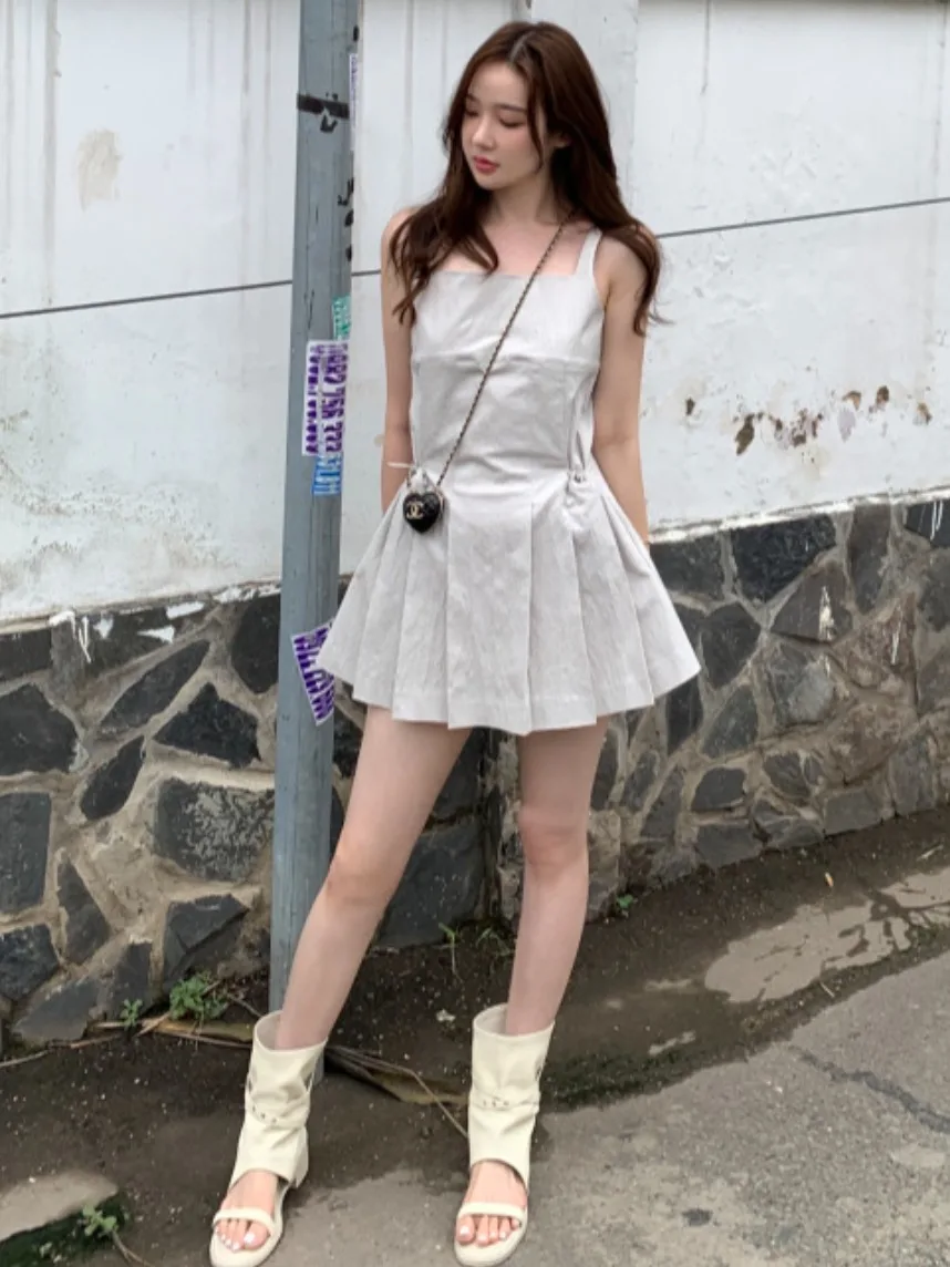 Ele Wanita Strapl Midi Dr Belted Slimming Kasa Desain Svel Musim Panas Faion Kerah Persegi Warna Dr