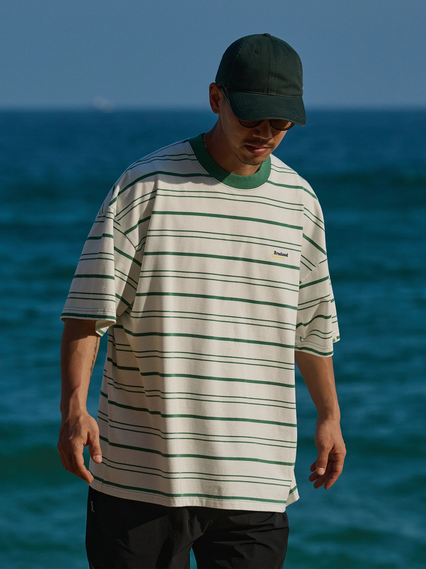 Broshood Loose Fit round Neck Short Sleeve T-Shirt Embroidered Striped Casual Summer Top Youth Fashion Japanese Style Citywal...