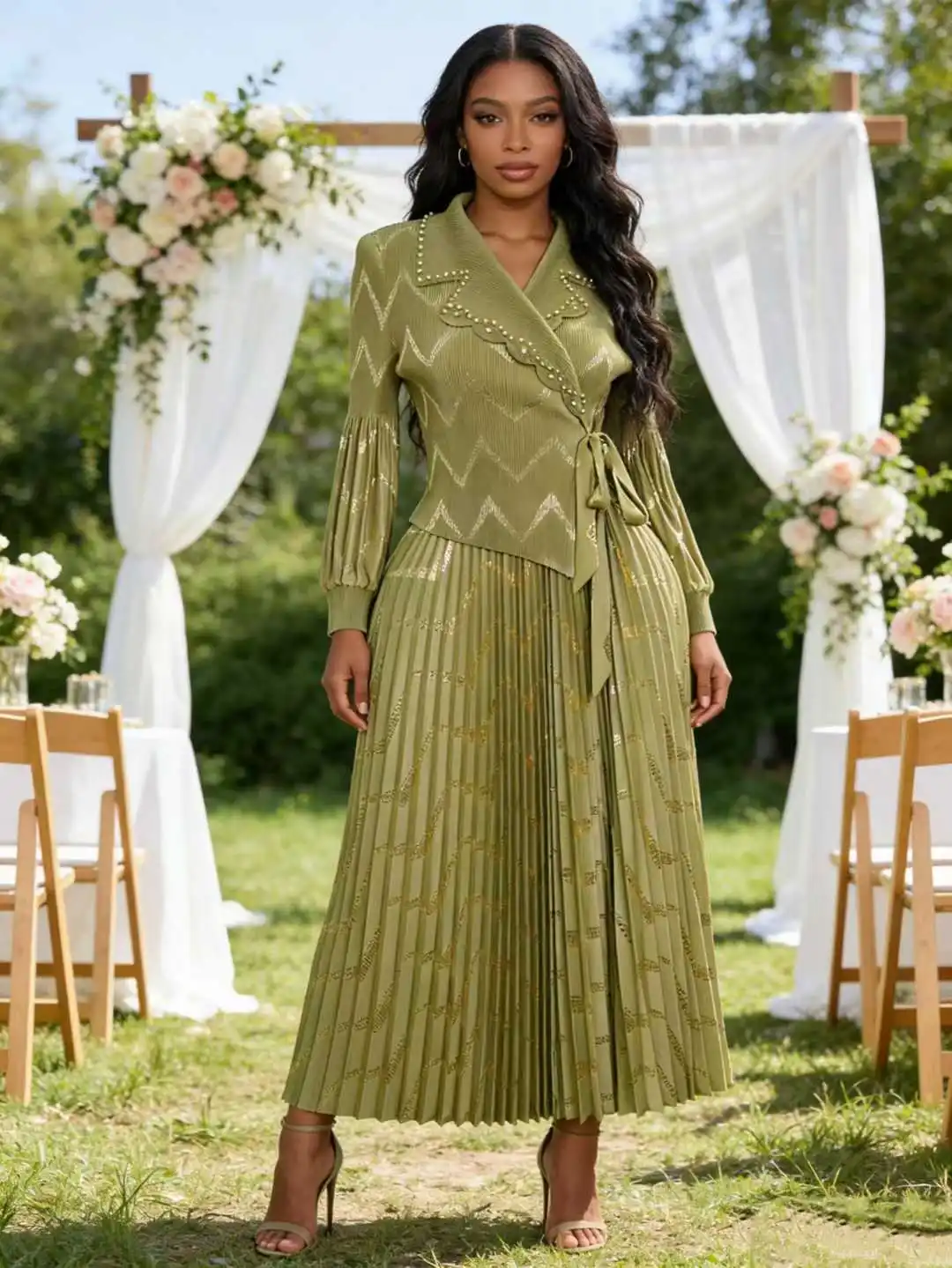 Plus-Size Dress Miyaki Dress Pleated Long Dress with Tie Waist Slimming Casual Elegant Socialite Style Gold-Stamped Half-Cardigan Cross-Border Hot Sale Fashion