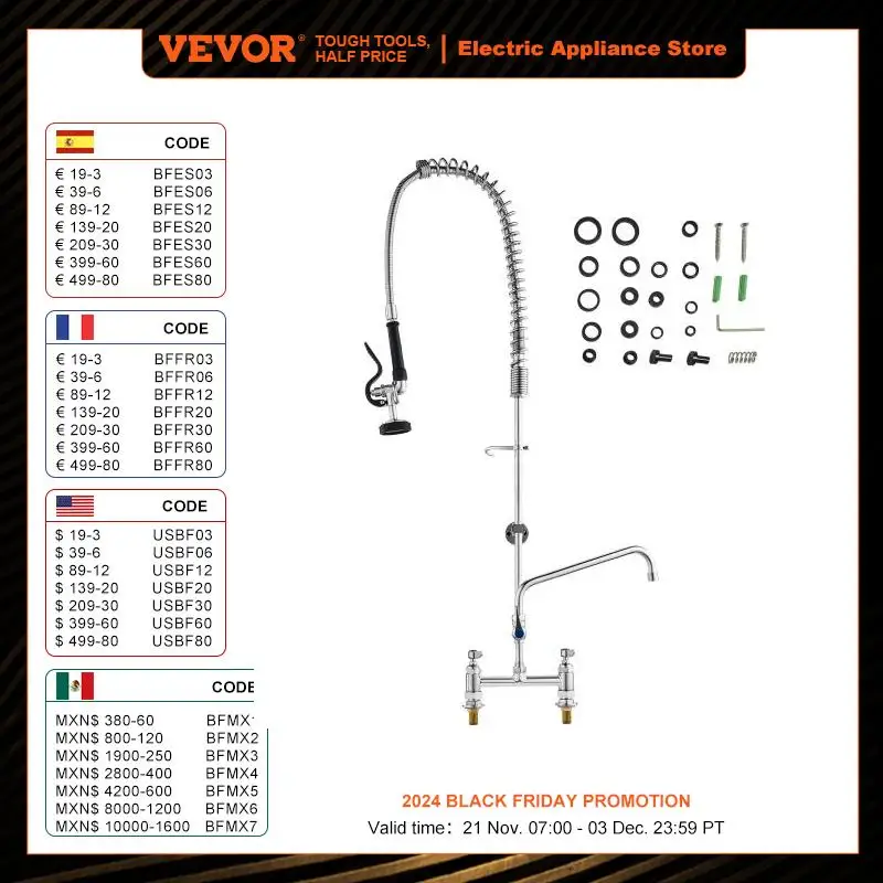 VEVOR 26/44inch Commercial Faucet with Pre-Rinse Sprayer 8 In Center 12 In Swing Spout Deck Mount Kitchen Sink Faucet Brass