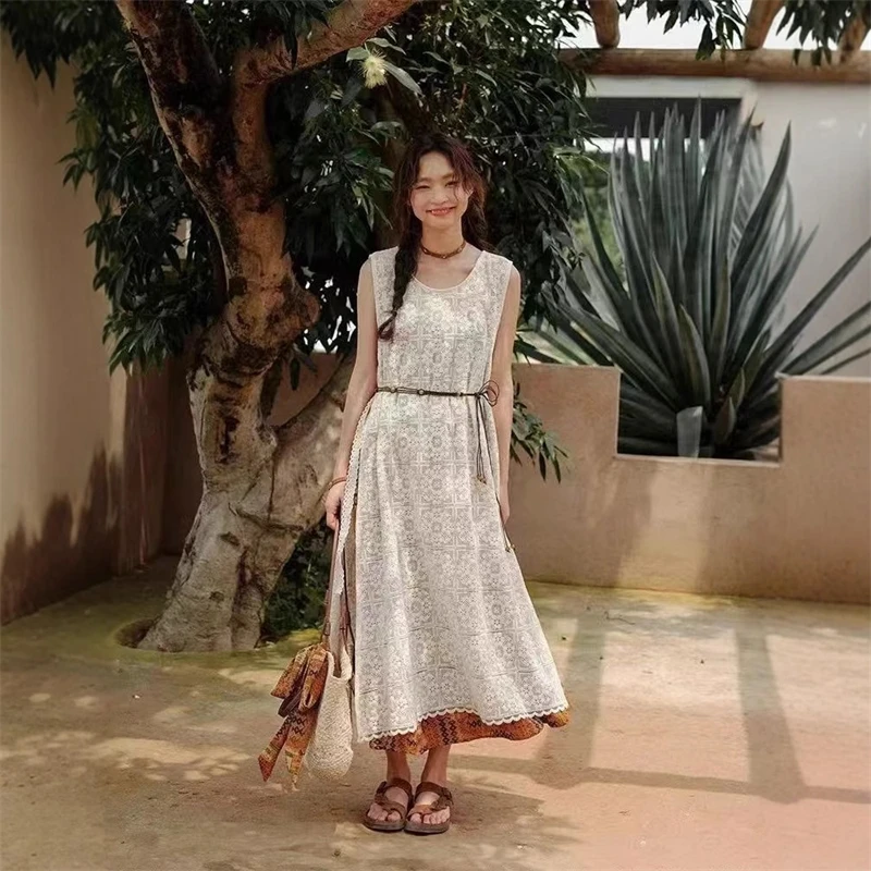 

Correct Version] Loose Retro Hollow-out Stacked Skirt Wear Pattern Japan Fashion Long Dress Dress Medium Flower Vest