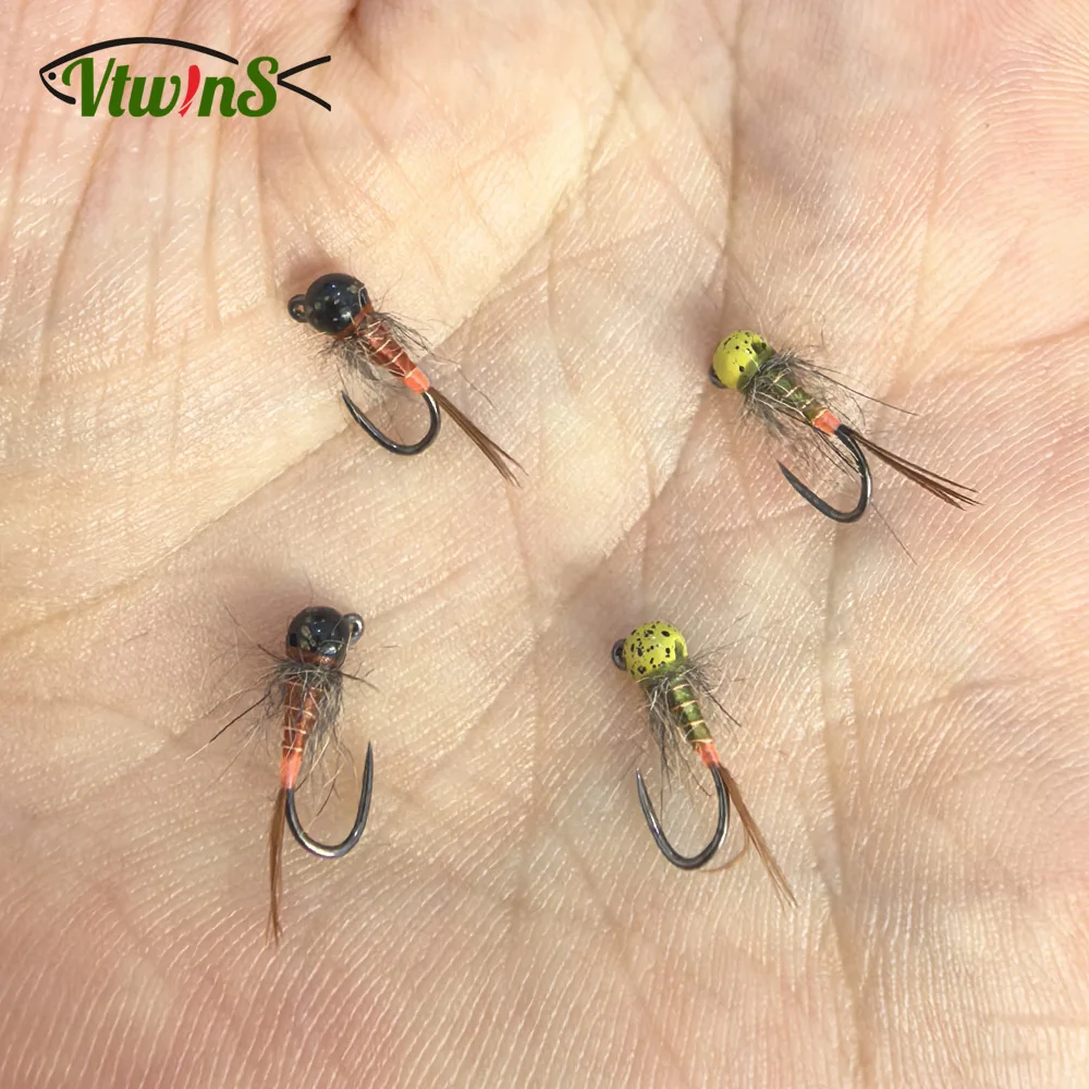 Cabezas de tungsteno Ninfa sin púas Vtwins con mosca para trucha