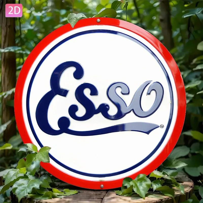 2D Flat, Vintage Esso Gasoline Pump Sign - Aluminum Retro Metal Wall Decor with Red & Blue Logo, Weather-Resistant Automotive Ga