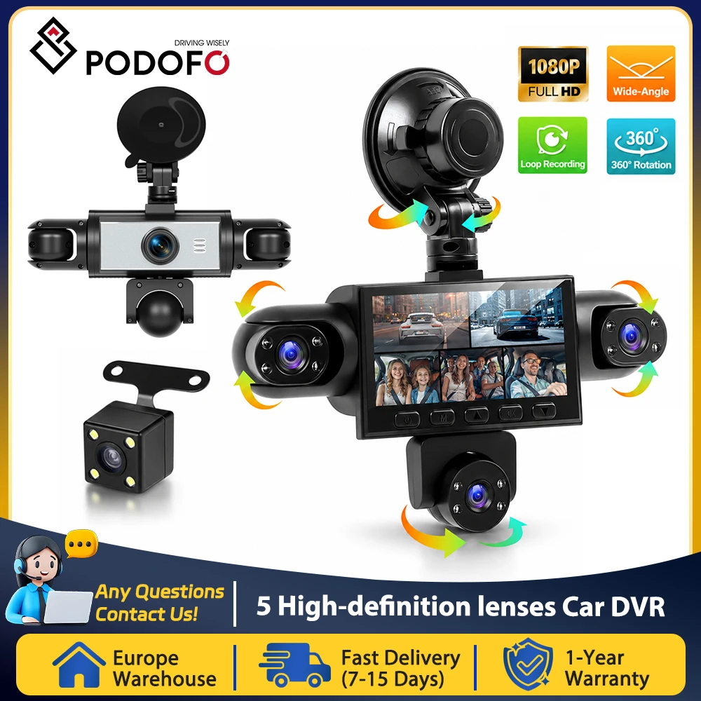 Podofo 3.16-inch Parking Monitor Rear View Camera Car Recorder 1080P Car Dashcam With 5 High-Definition Lenses, Including 480P Left Interior, Right Interior, And Rear View Cameras Car DVR
