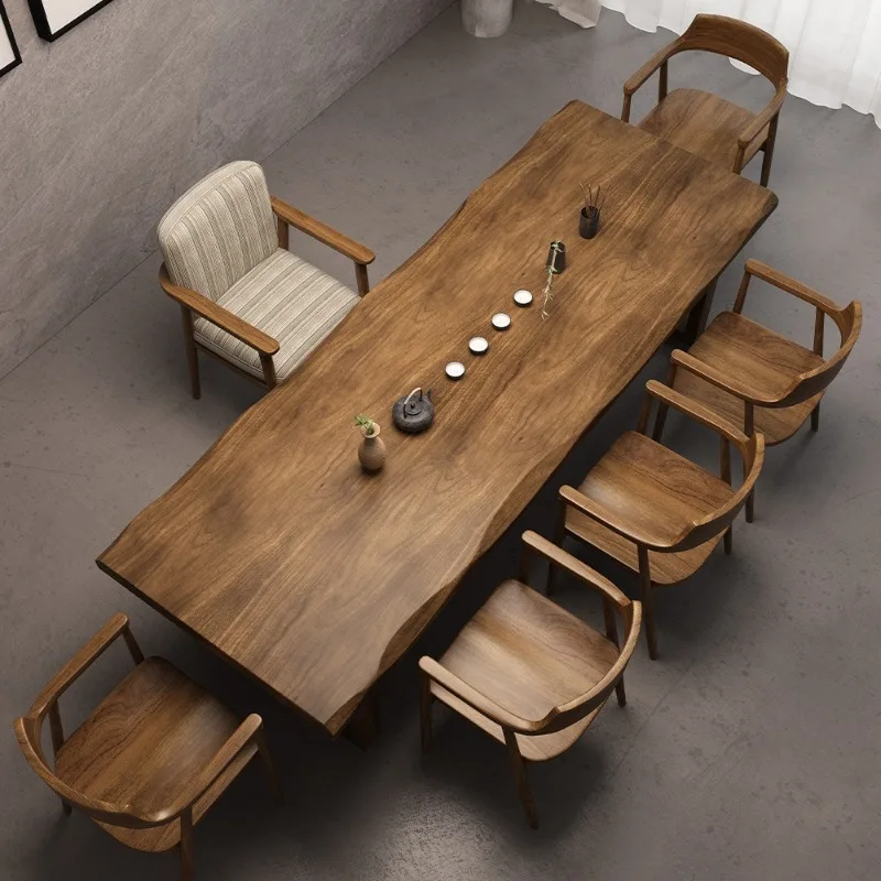 New Chinese-style solid wood tea table, log large board tea table, complete set of office tea table and chairs Zen reception