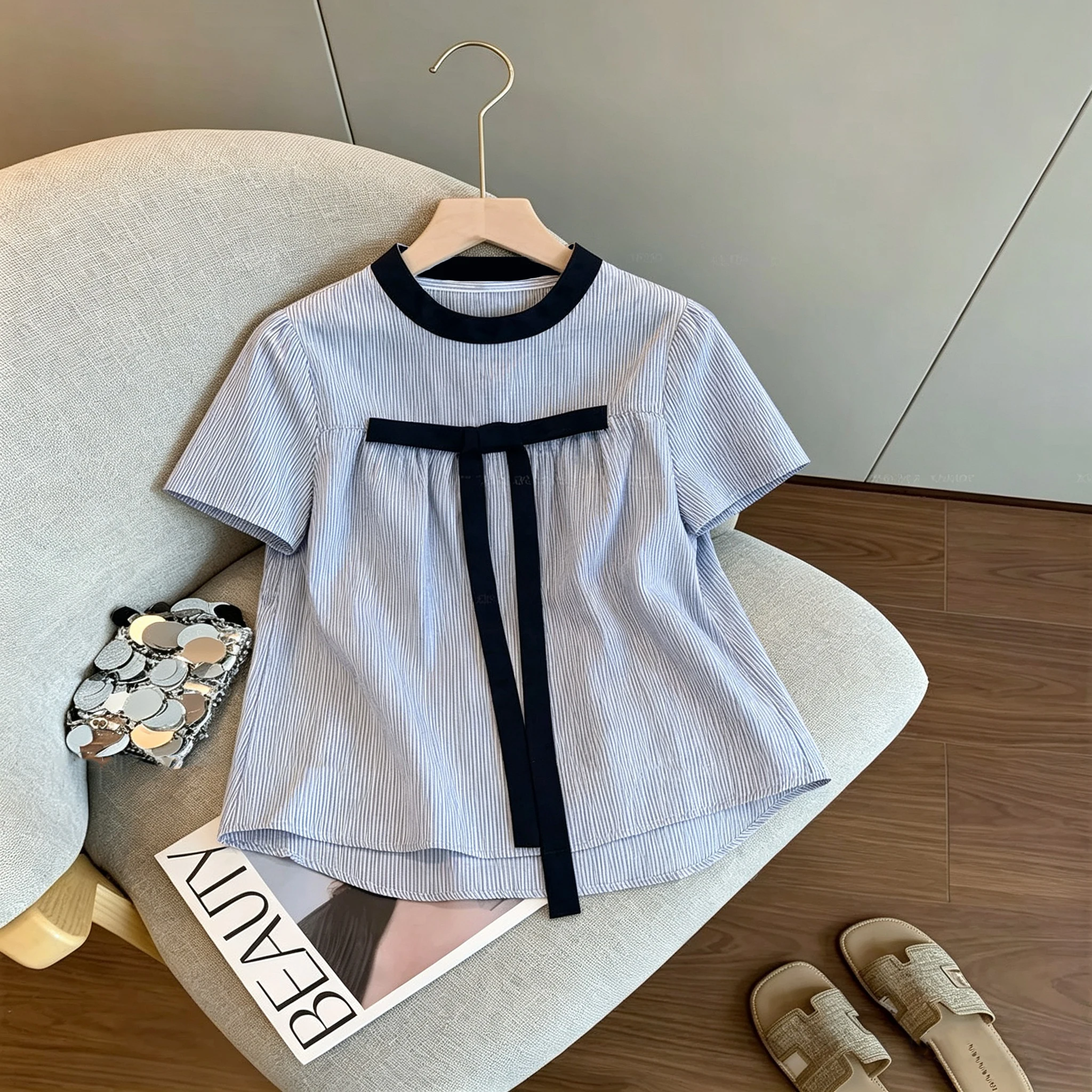 

Retro Color Block round Neck Striped Short Sleeve Top Loose Fit Casual Style Women's Shirt Summer Fashionable Versatile Trendy