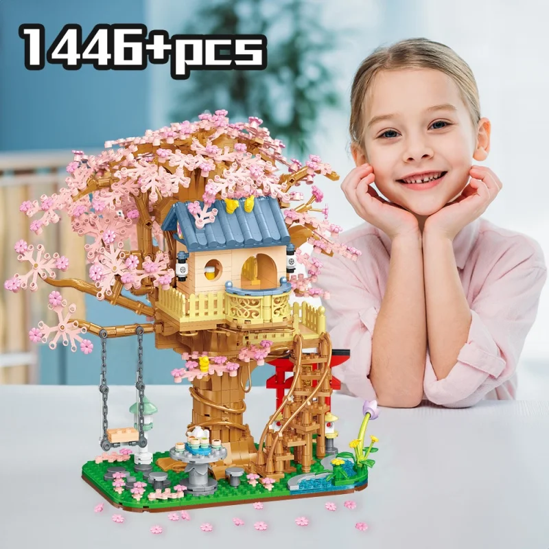 DIY Pink Cherry Blossom Treehouse Building Blocks Set Creative Educational Holiday Gift Perfect for Fam1446PCS toys Cherry tree