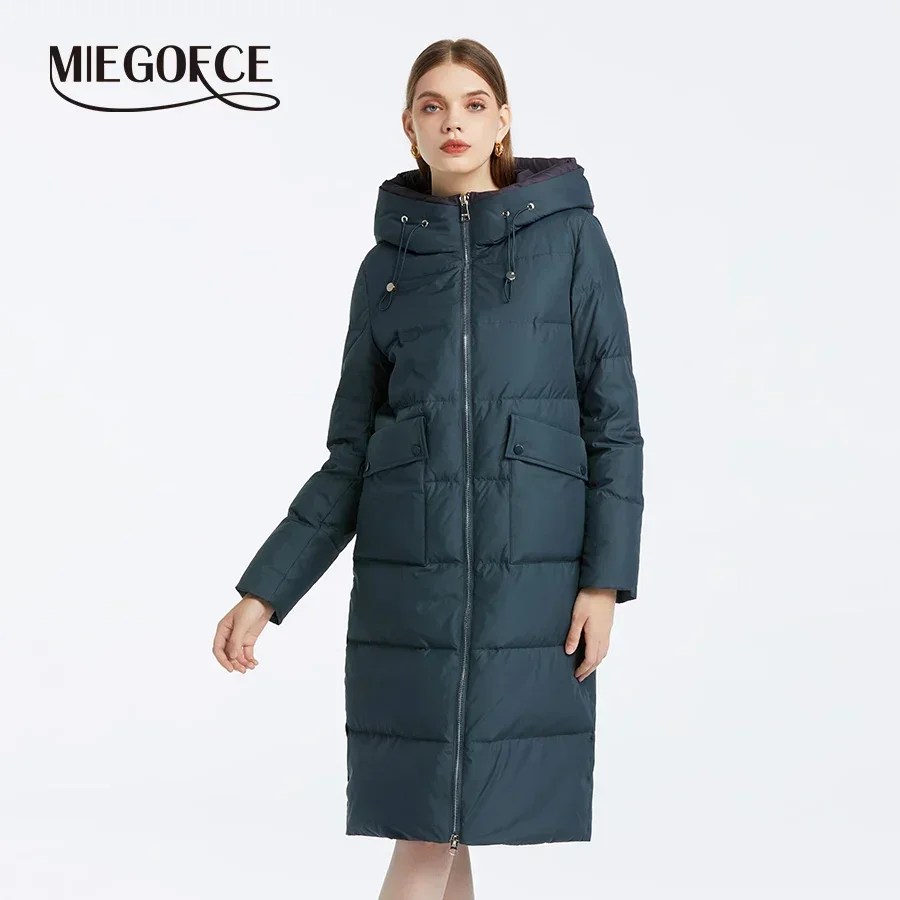 Miegofce 2024 inverno casual casaco feminino manga longa acolchoado jaqueta com bolsos de botão grande à prova de vento quente com capuz parka d23715