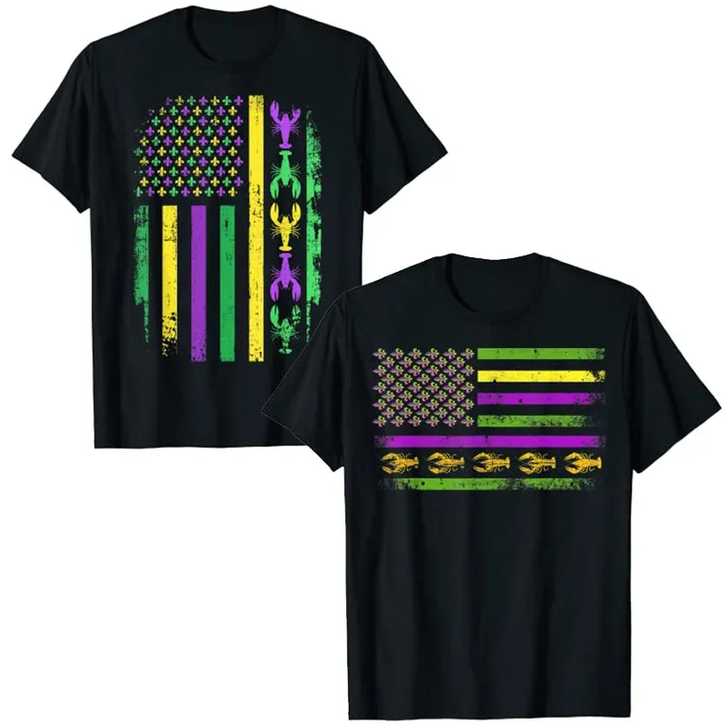 Mardi-Gras Crawfish Outfits Graphic Tee Tops   Men Clothing Mardi Gras US American Flag with Crawfish New Orleans streetwear