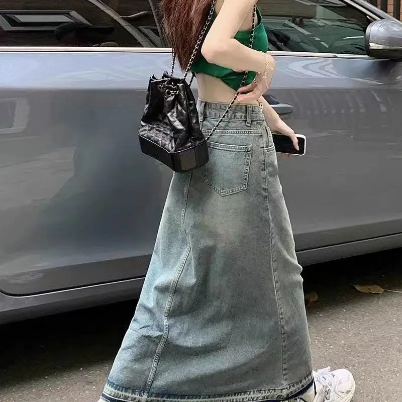 

4XL Plus Size Women Long Denim Skirt Pocket Loose Fashion High waist Midi Long Skirt Lady Split Loose A-Line Jeans Skirts 2022