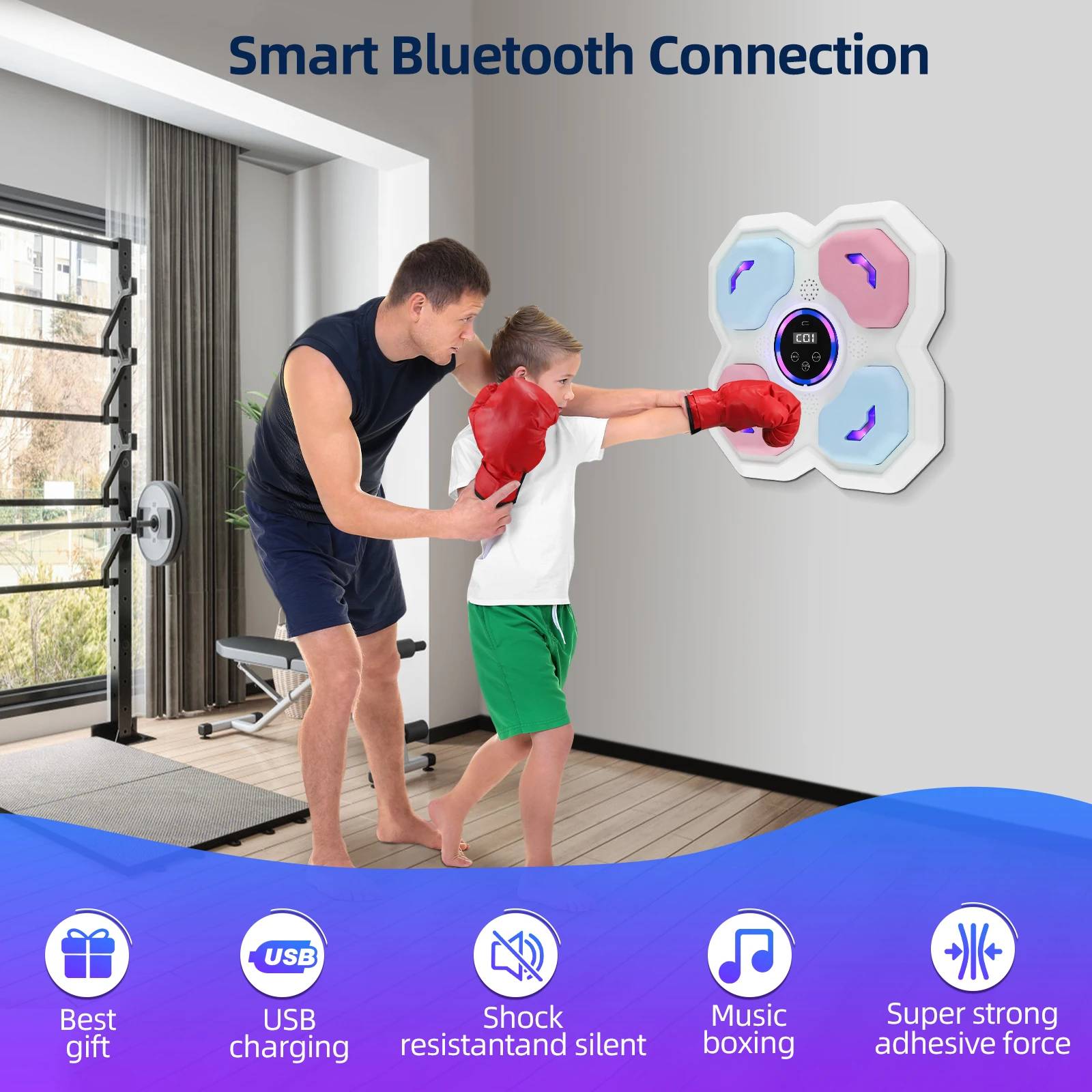 Boxing Machine Wall Mounted, Smart Music Boxing Equipment Punching Pads With LED Light, Boxing Target With Bluetooth Music