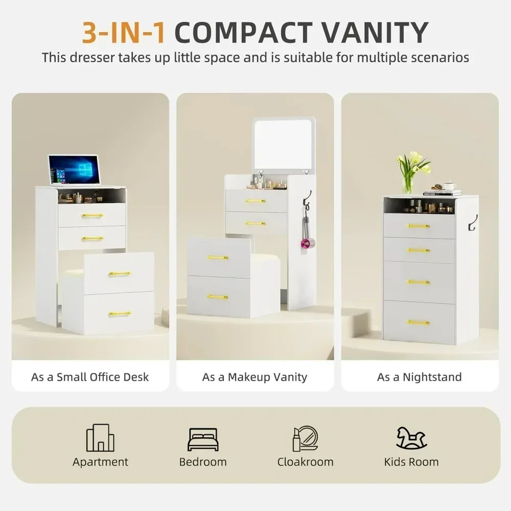 Fashion Creativity 3 in 1 Vanity Desk with Flip Top Mirror, Minimalist Visible Glass Desktop with 3 Drawers