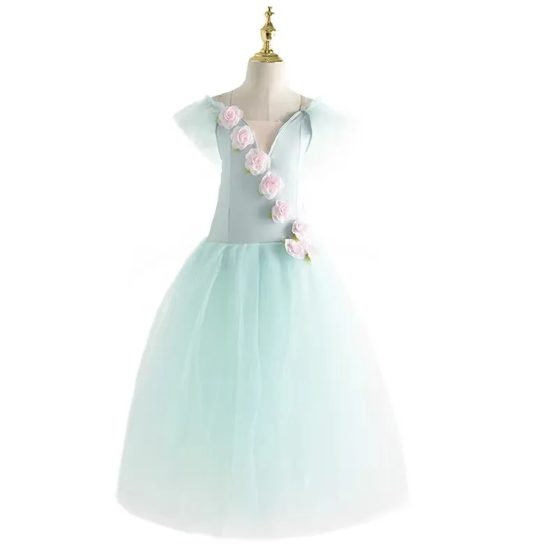 

Romantic Tutu Giselle Ballet Costumes Girls Child Velet Tulle Skating Dress Ballerina Bubble Short Sleeve Lace-up Summer Dress