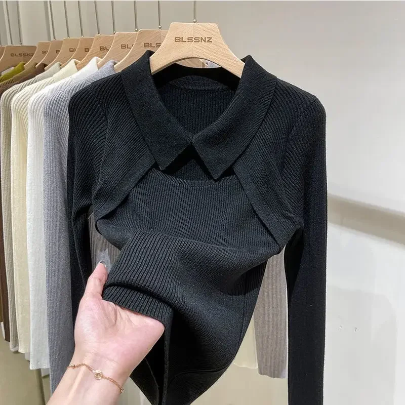 Women\'s Blouse Fake 2 Piece Knit Bottoming Shirt Autumn Female Chic Hollow Out Lapel Tops Solid Color Full Sleeve Basic Blouses