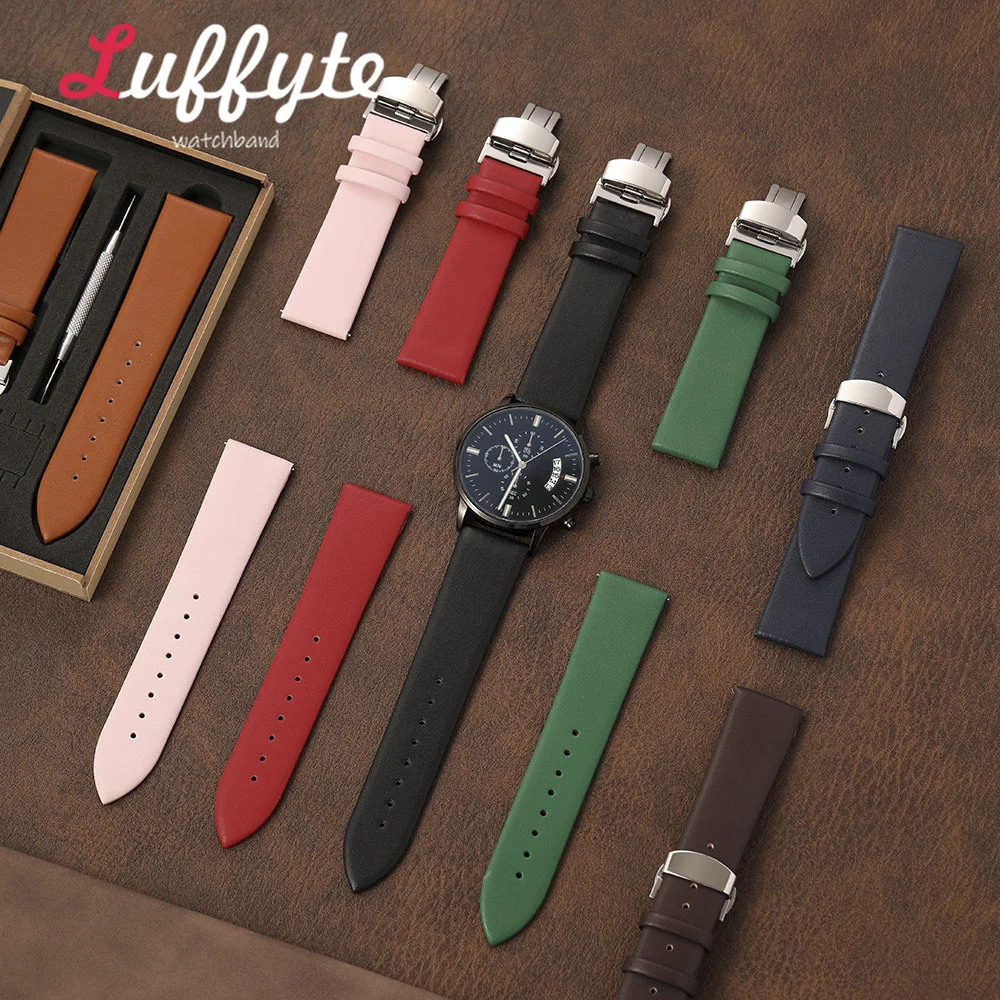 Ultra-thin Soft Men Women PU Leather Watch Strap 18mm 20mm 22mm with Butterfly Clasp Gift Packing Box Casual Wristwatch Band