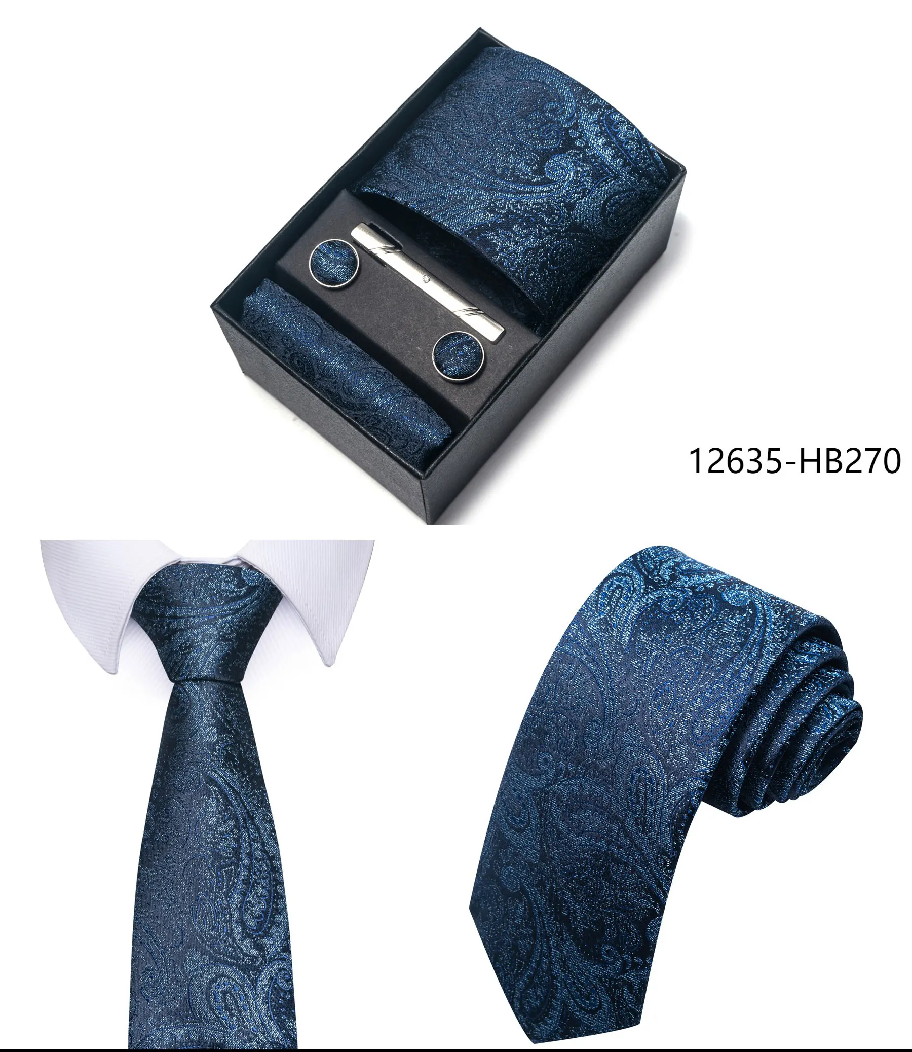 High Grade Holiday Gift Box Brand 8 cm Blue Paisley Tie Handkerchief Cufflink Set Men Necktie Clothing Accessories Birthday Gift
