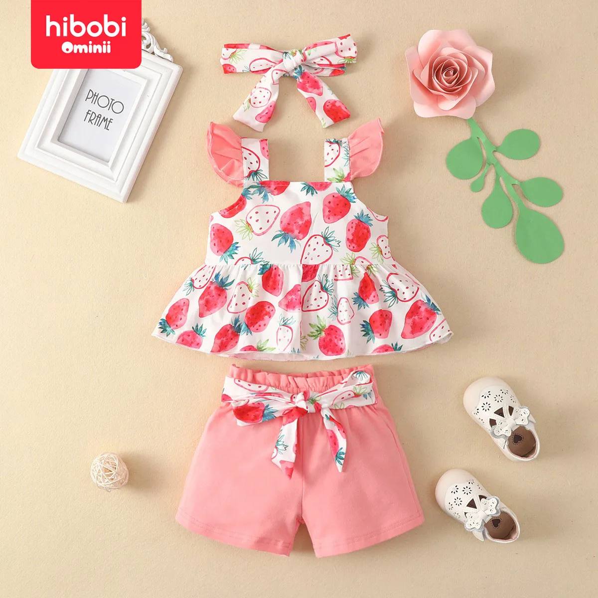 hibobi Summer 3-Piece Baby Girl Sweet Floral Ruffle-Sleeve Top & Solid Color Shorts With Headband Suitable For 3-24 Months Old