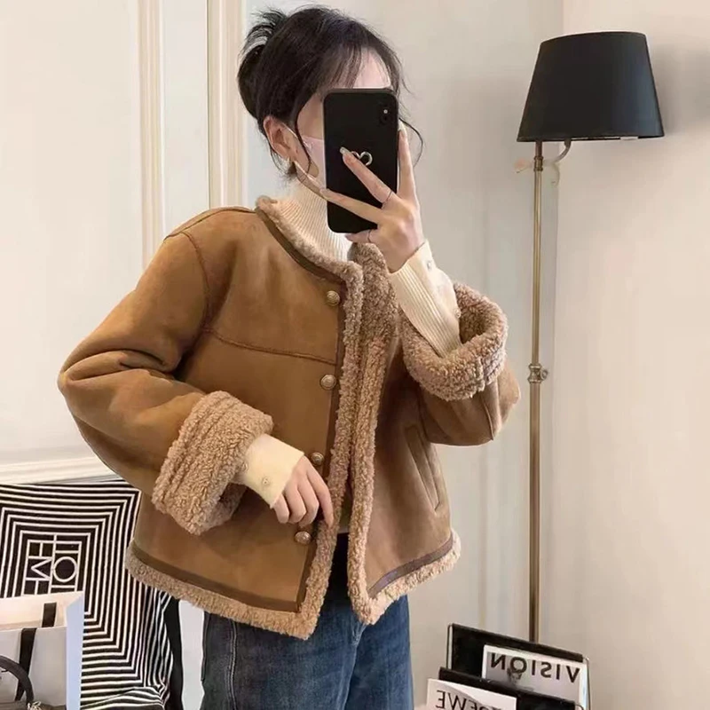 2023 Winter Lambswool Bomber Jacket For Women Suede Fabric BF Wind Fur One Coat with Zipper Thick Warm Cropped Biker Jackets