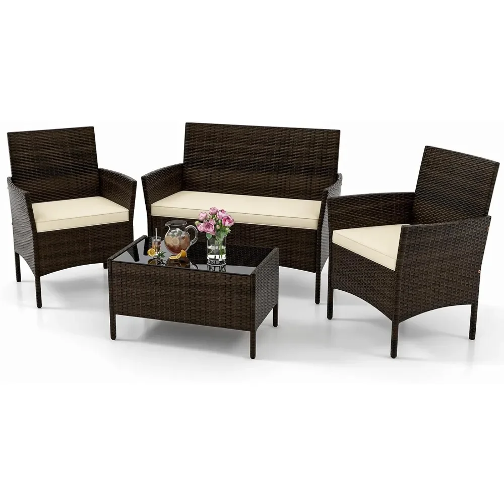 

4-piece Terrace Furniture Set, Outdoor Rattan Conversation Set, with Sofa, Wicker Chair, Tempered Glass Coffee Table
