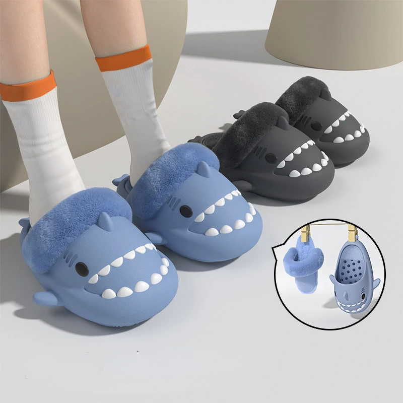 Men'S Winter Plush Shark Slippers Couple Adults Warm Fluffy Slides Soft Household Cartoon Indoor Detachable Home Cotton Shoes