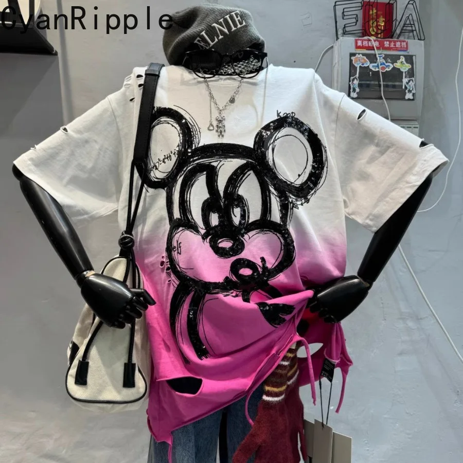 

Large Size Women T-shirts 2026 New Spring Summer All-match Hole Short Sleeve Tees Gradient Sequins Mickey Mid-long Cotton Tops