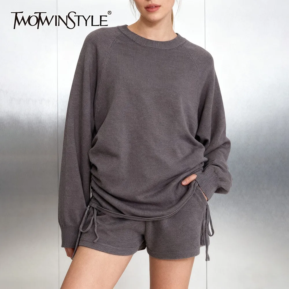 

TWOTWINSTYLE Casual Spliced Drawstring Pullovers for Women O Neck Long Sleeve Loose Basic Style Sweater Female Winter Clothing