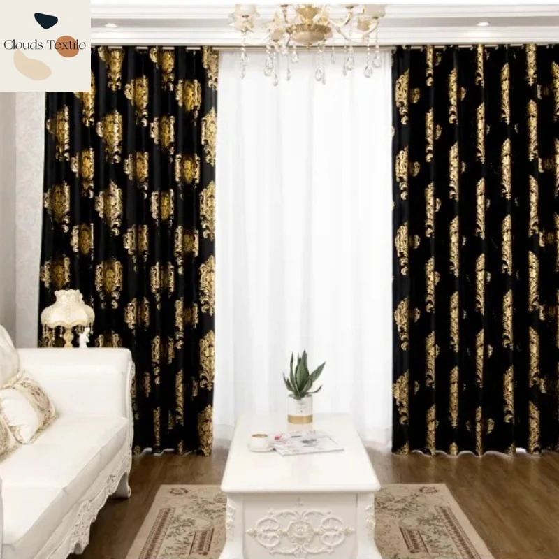 

Custom Size！！European Blackout Luxury Golden Rich Flower Gold-plated Black Velvet Curtains for Living Dining Room Bedroom Decor