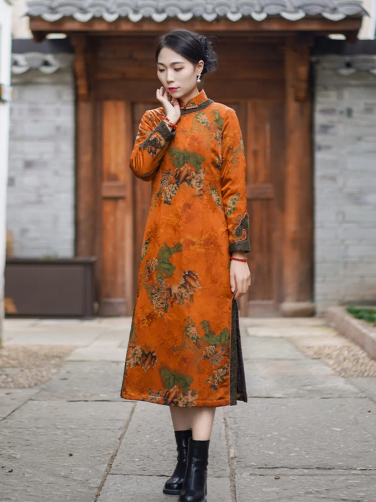 

New Chinese Sle Winter Long Thiened Improved Qipao Young Sle Daily Wear Comfortable Polyester Fiber Warm Long Sve Qipao