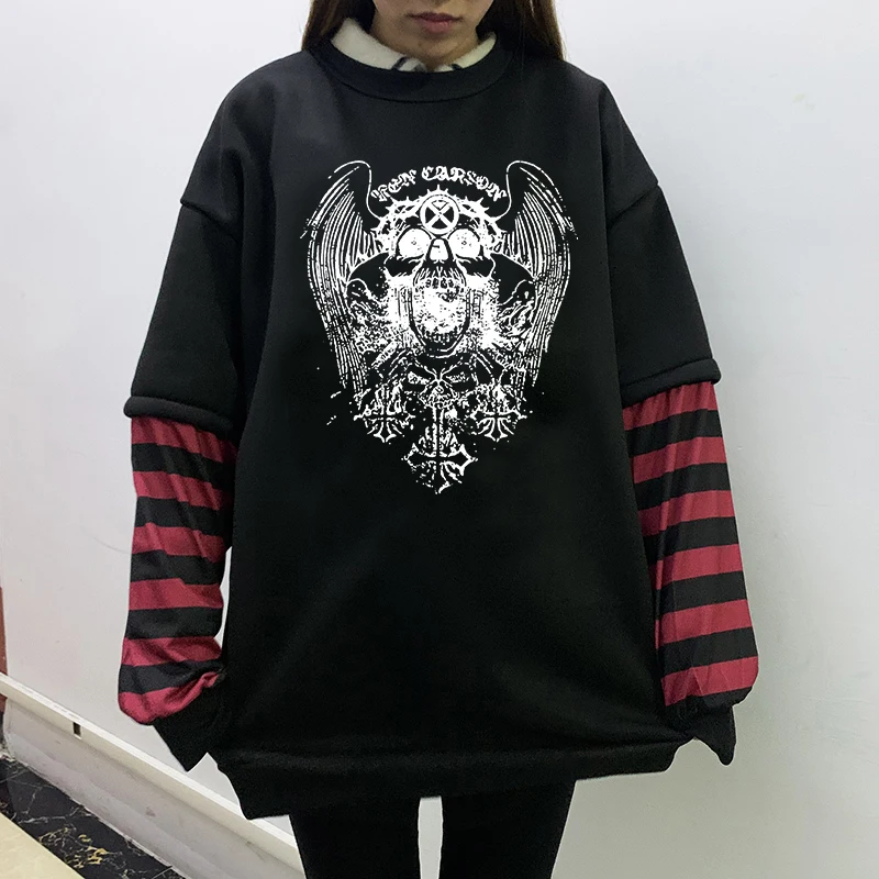 Y2K Punk Style Fashion Hoodies Women Hip Hop Long Sleeve Loose Pullover New Creative Skull Wing Pattern Print Hooded Sweatshirts