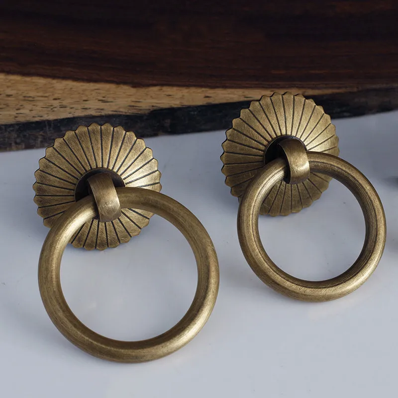 2Pack Vintage Brass Cabinet Ring Knobs Antique Kitchen Drawer & Dresser Pulls Cupboard Door Handles Retro Style