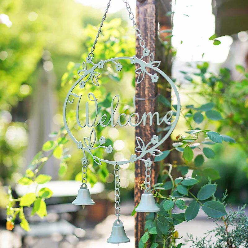 Vintage White Green Black Iron Hanging Welcome Sign Plaques Wind Chime For Home Indoor Outdoor Wall Decoration