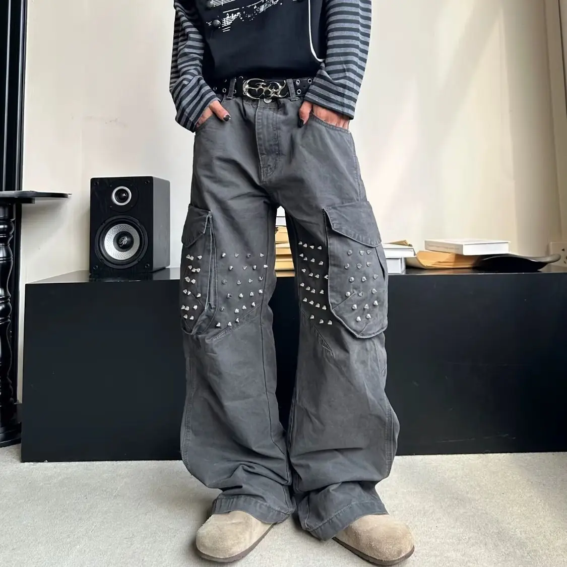 Men's Street Rivet Design Wide-leg Trousers High Waist Sweatpants Y2k 90s Boys Bottom Male Casual Thin Pants