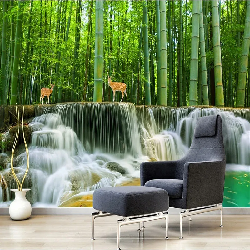 

Custom 3D Self-Adhesive Bamboo Forest Waterfall 3D Landscape Wall Mural Wallpaper For Bedroom Walls Home Decor Backdrop