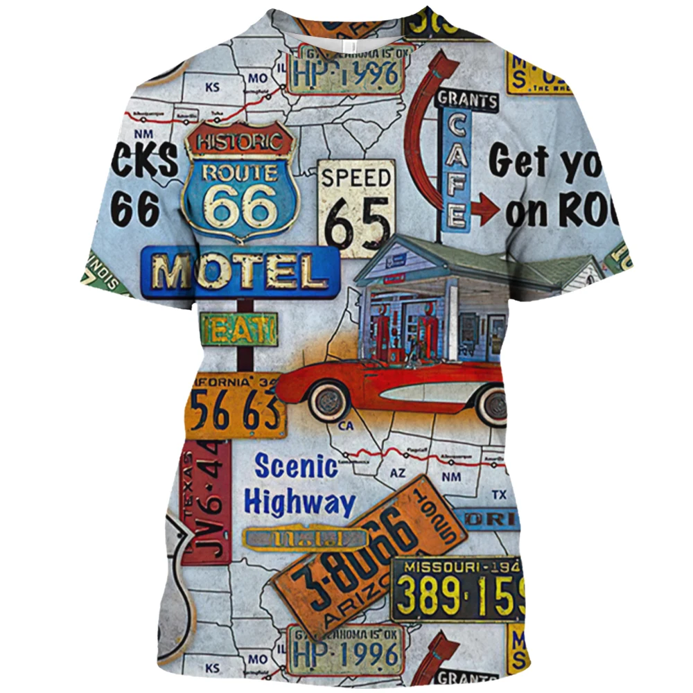 Summer Fashion Men Retro Route 66 graphic t shirts Europe and America Trend Personality Printed Round Neck streetwear Tees Tops