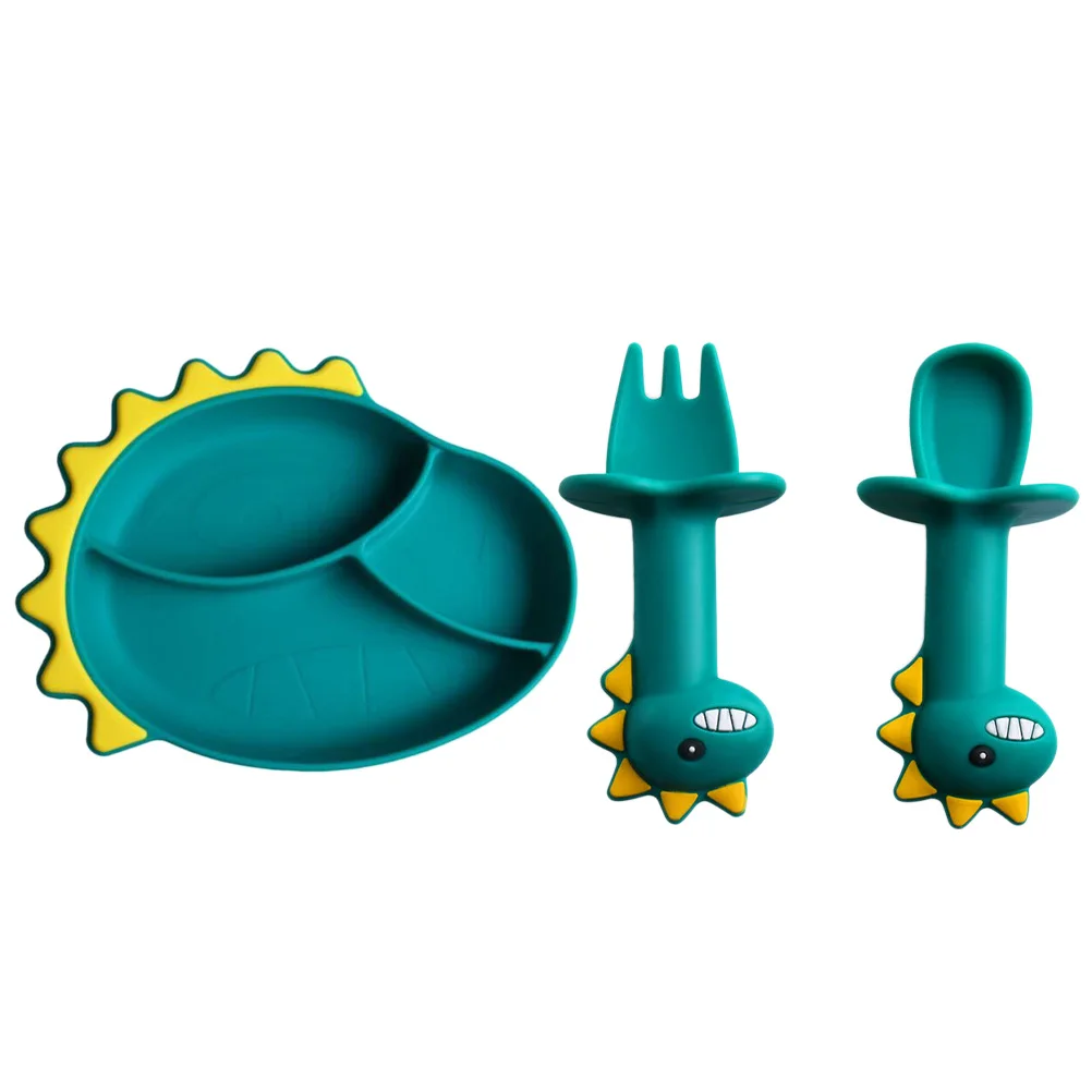 

3pcs Silicone Baby Meal Tray Set Toddler Spoon Dinosaur Cutlery Suction Plate Bowl Food Grade Safe Infant Tableware