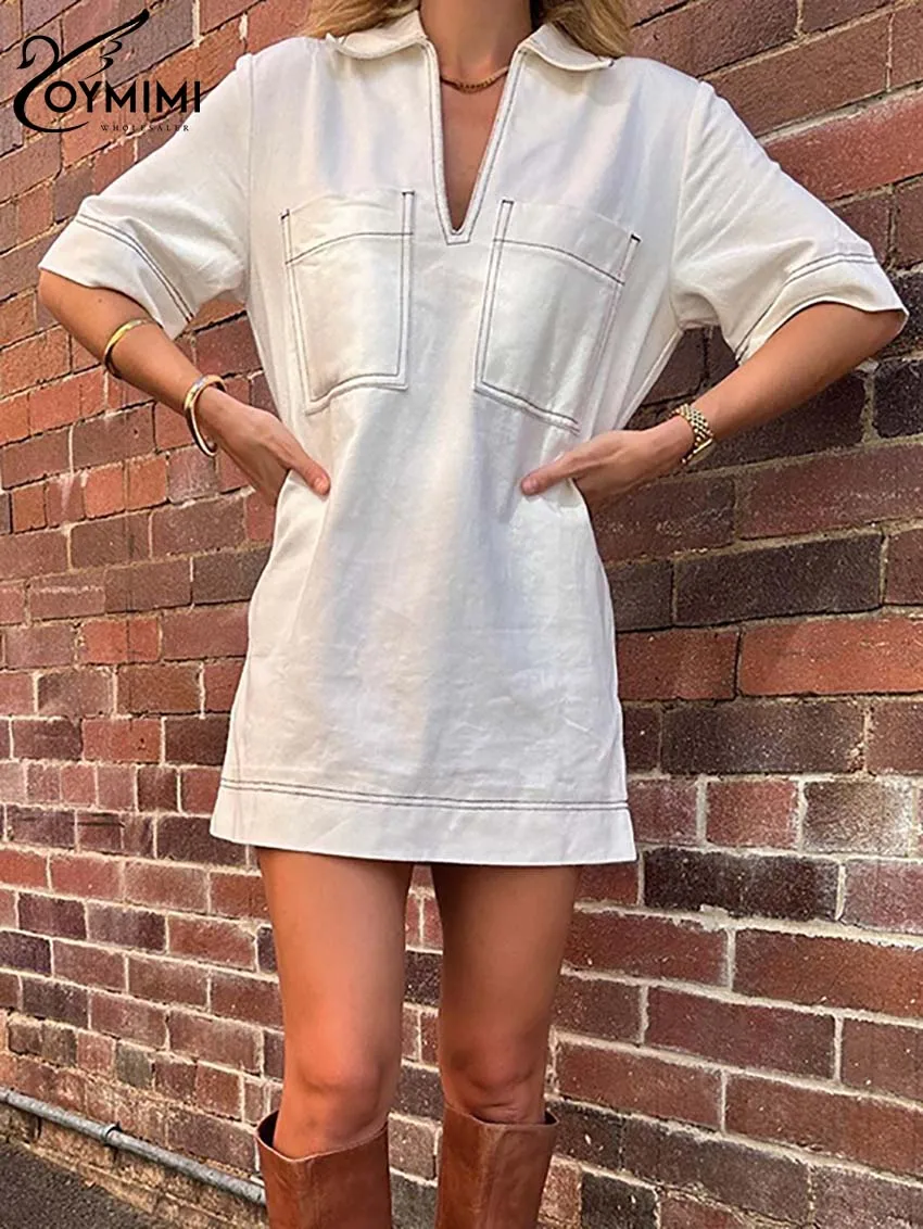 Oymimi Casual White Cotton Women\'s Dress Elegant Turn-Down Collar Half Sleeve Dresses Summer Pockets Straight Mini Dress Female