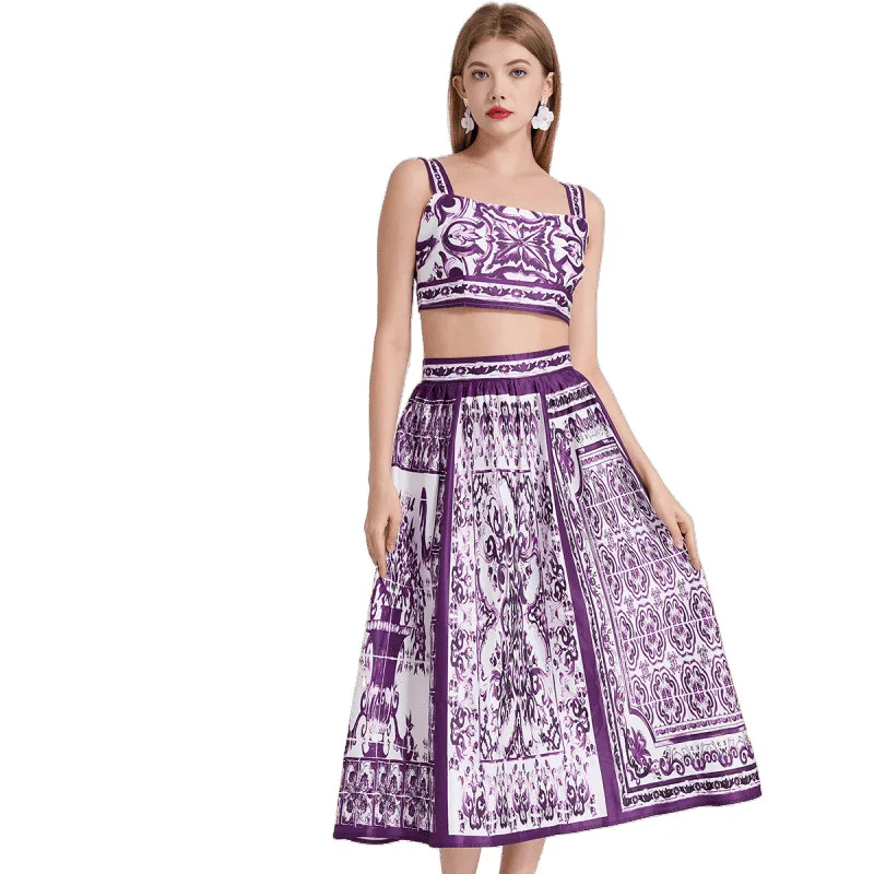 Zomer hoge taille bedrukt blauw en wit porselein ter vest en rok set dames gebreid verdikte polyester Dr