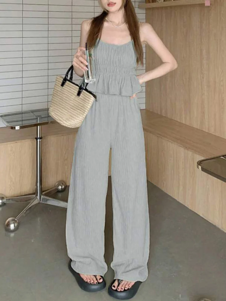 

Chic Summer Spicy ort Strap Vest Loose Casual High Waist Wide Leg Pants Two Piece Set Women's Faion Polyester Fiber Long ...
